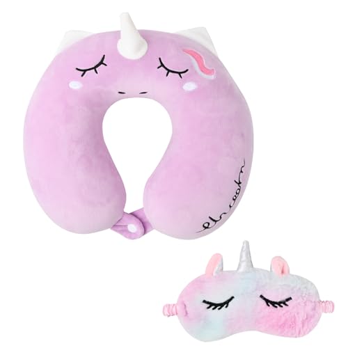 Shengxi Almohada de Viaje, Almohada Viaje niños Unicornio Morado con Mascara para Los Ojos Cojín Cuello Viaje Almohada Cervical Almohada de Espuma viscoelástica en Forma de U para Adultos Niños