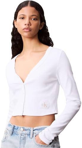 Calvin Klein Chaqueta de punto Mujer Cardigan Woven Label Rib con botones, Blanco (Brilliant White), XS