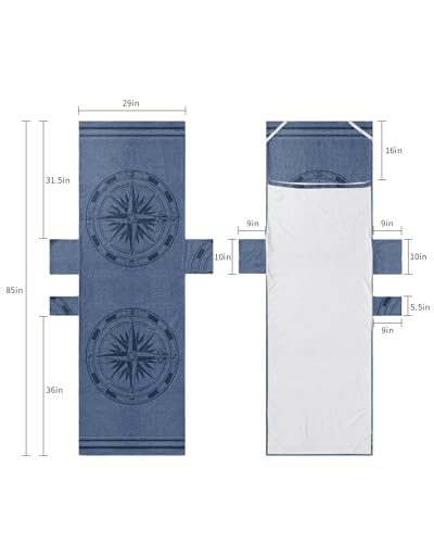 Nautical Compass Beach Lounge Chair Towel Cover, Soft Chaise Lounge Towel with Side Pockets Patio Pool Chairs Cover for Beach/Pool Sunbathing 29x85 Navy Blue Striped Coastal Compass