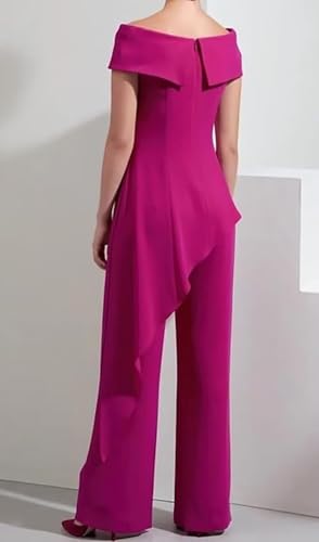 2 Piece Sexy Off-Shoulder Chiffon Ruffles Zipper Short Sleeve Wedding Party Dress for Mother of The Bride Pant Suits3