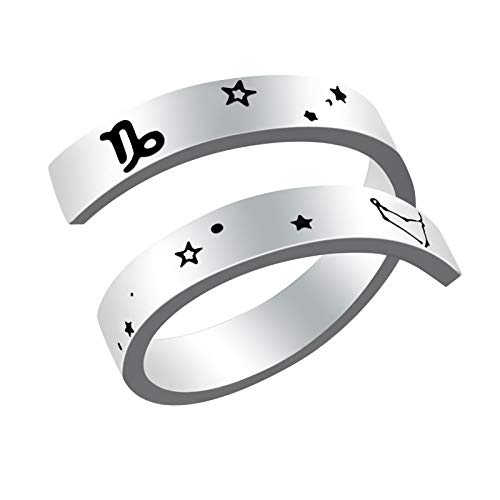 Anillo del zodiaco Capricornio grabado ajustable, Woffoly Surgical Acero inoxidable 316L Signos de declaración del zodiaco Anillo de dedo ajustable abierto, Regalo de joyería de horóscopo