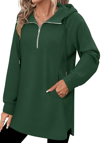 onlypuff Women Hoodie Pullover Trendy Quarter Zipper Lapel Sweatshirts Drawstring Cute Hooded Tunic Tops with Side Pockets
