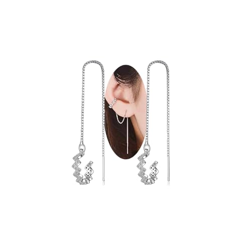 925 Sterling Silver Wave Cuff Earrings with Sparkly Cubic Zirconia Wrap Tassel Earrings for Women Dangle Earrings Threader Chain