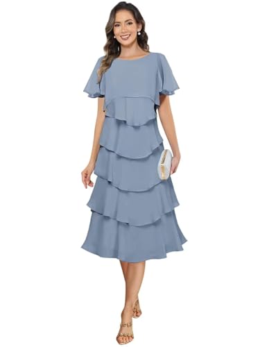 A Line Tiered Chiffon Mother of The Bride Dresses for Wedding Crew Neck Tea Length Formal Dresses for Wedding4