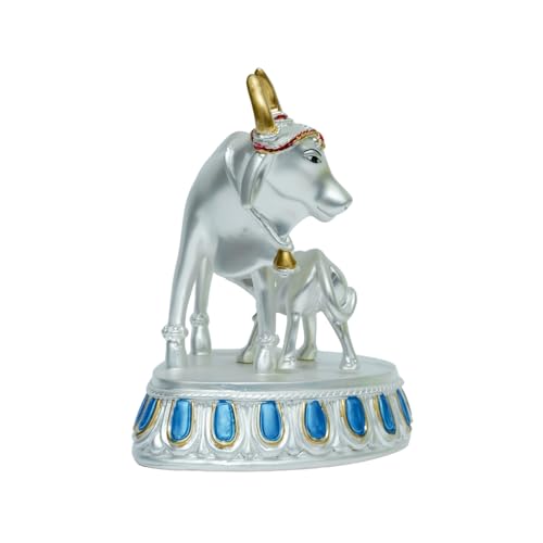 Image of Silver Plated Cow and Calf Idol | Satin Finish Holy Kamadhenu Statue on Royal Blue Base | Spiritual Decor for Home & Pooja Room | 15.3 x 9 x 12.3 cm