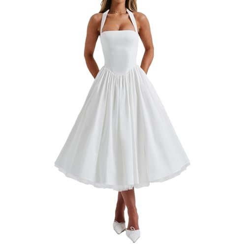 ABYOVRT Damen Neckholder-Midi-Kleid, Korsett, Rücken, geschichteter Tüllrock, ärmellos, Swing, Cocktailkleid, Abschlussball, formelle Kleider,...