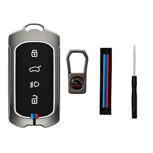 Image of KMH Metal Shell Soft Silicone Key Cover Compatible with Tata Curvv, Curvv EV Electric SUV 4 Buttons Smart keycover with Keychain Key Shell Case Holder Protector (Metallic)