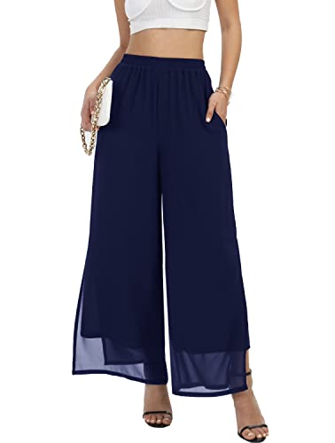 Women's Wide Leg Chiffon Dress Palazzo Pants Casual Split Hem Summer Trousers Party Club Pant