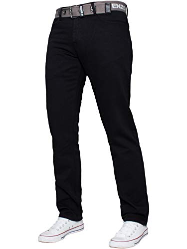 Enzo - Jeans de pierna recta con cinturón para hombre, ajuste regular, pantalones de mezclilla grandes y altos, todos los tamaños de cintura 28 a 48 pulgadas, Negro, 38W/32L