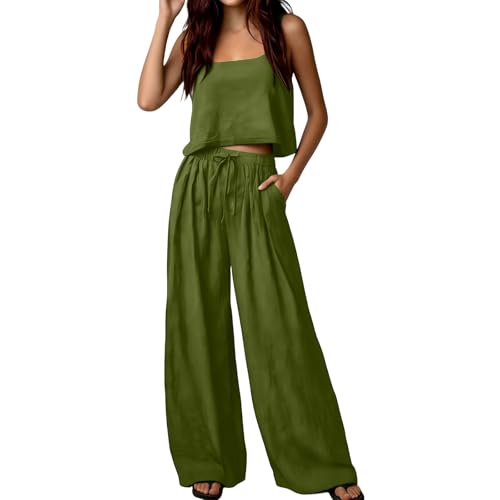 Cowyams Traje de lino transpirable de dos piezas para mujer, traje de 2 piezas, ligero, sin mangas, tops y pantalones, algodón y lino, traje casual de verano, verde, 3XL