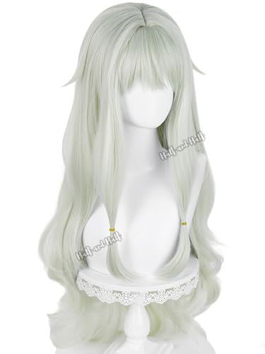 Image of Half and Half Long Light Green Curly Anime Cosplay Game Wig for Women 34.6'' Pastel Green Wave Virtual Singer Wig with Bangs Wigs for Halloween Party Costumes Daily