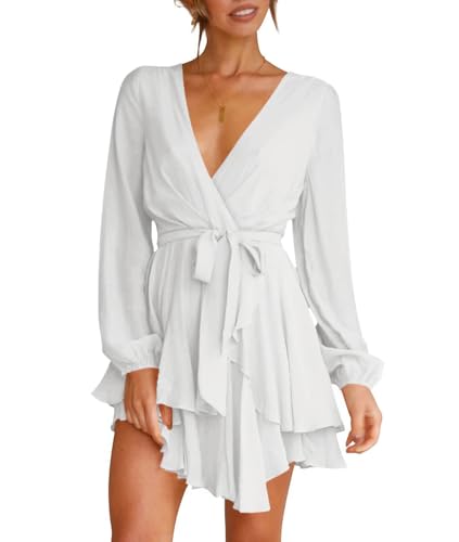 Wenrine Damen Kleider Sexy Tiefer V-Ausschnitt Freizeitkleid A Linie Rüschen Minikleid Langarm Wickelkleid mit Gürtel, Weiß, S