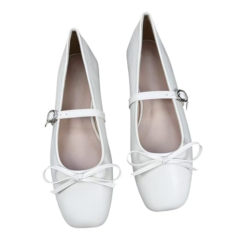 LUXINYU Women Bowknot Mary Jane Shoes Comfortable Square Toe Pu Leather Flats Buckle Strap Casual Ballet Office Shoes
