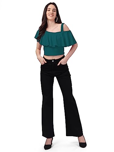 Image of Mehrang Women's Casual Solid Flared Crop Top Round Neck Stretchable Blend for Women /Top for Girls