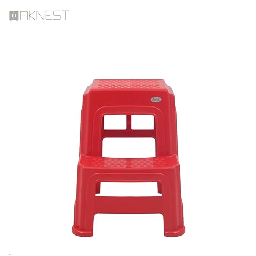 Image of Oaknest Supreme Multipurpose Plastic 2-Step Stool for Kids & Adults - Anti-Slip Lightweight Stepping Stool for Kitchen, Bathroom & Home - Red, 4 Piece