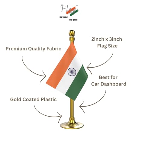 Image of The Flag Company Country flag for car dashboard | 2x3 Inch Flag with Elegant Golden Base & Pole | Car Dashboard Flag (India)