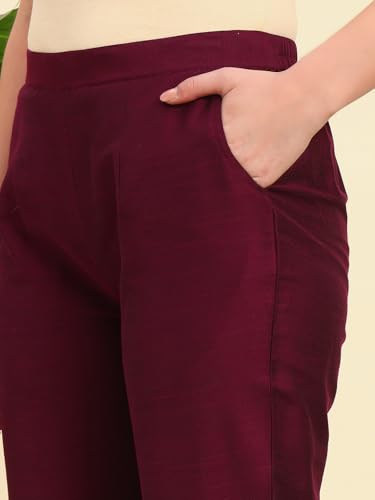 Image of Vogaan Women's Cotton Silk Pant | Half-Elasticated Waist Slim Fit Trouser for Women | Casual Pocket Pants for Office Formal Daily Use