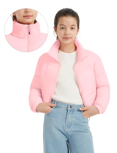 EXARUS Girls Puffer Jacket Warm Water Repellent Oversized/Cropped Stand Collar Pockets Zip up Quilted Short Bubble Coat4