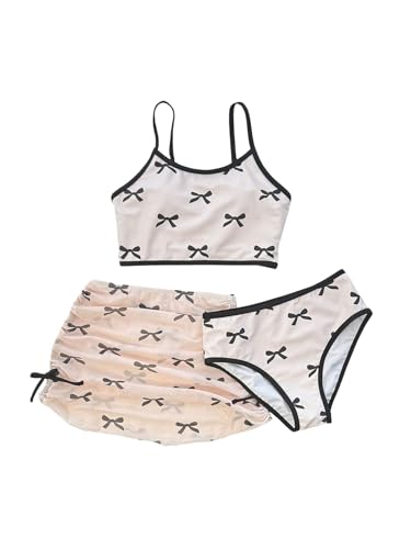 MakeMeChic Girl's 3 Piece Bikini Set Bow Swimsuit Spaghetti Strap Cute Bathing Suit with Ruched Cover Up Skirt Multicolor 10Y