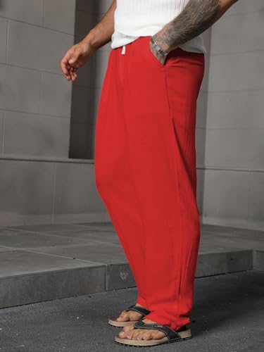 Men's Linen Pants Yoga Beach Pants Loose Casual Summer Vacation Elastic Waist Drawstring Loose Pants with Pockets4