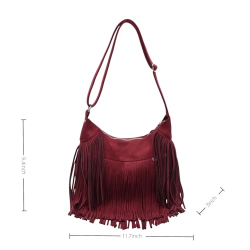 Image of Women Vintage Suede Fringe Hobo Bag Tote Shoulder Bag Crossbody Bag and Hippie Western Cowgirl Purse Shoulder Bag