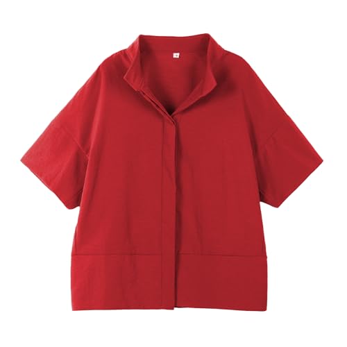 Ainangua Women Casual Button Down Shirts Oversized Short Sleeve Stand Collar Tops Trendy Work Blouses Summer Travel Outfits(Red,M)