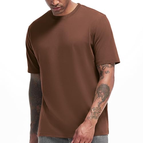 VEIISAR Men's Heavy Weight Crew Neck T-Shirt Mens Premium Cotton Pre Shrunk Tee Coffee L
