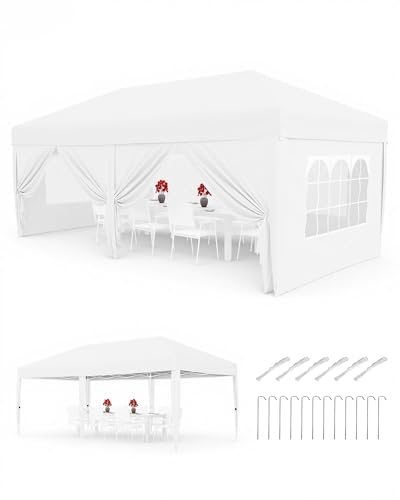 Pop Up Gazebo with 6 Sidewalls, 3m x 6m Marquee Party Tent with 4 Weight Bags, 8 Stakes & 6 Guy Ropes & Roller Bag, Weather-Resistant, Waterproof Canopy for Outdoor Events, Parties, Markets (White)
