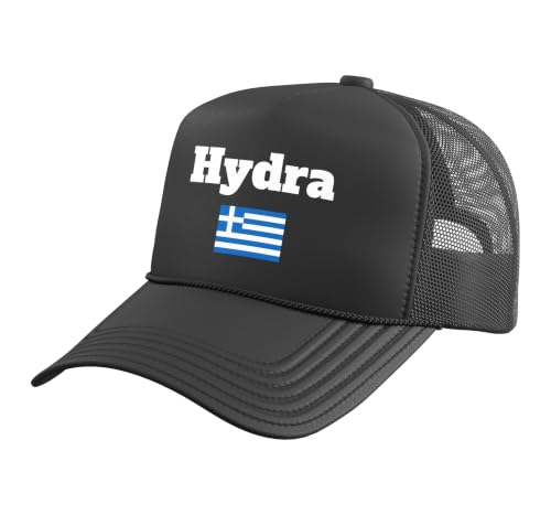 Hydra Travel Souvenir Greek Island Lover Greece Flag Trucker Hat with Adjustable Mesh Back, Black