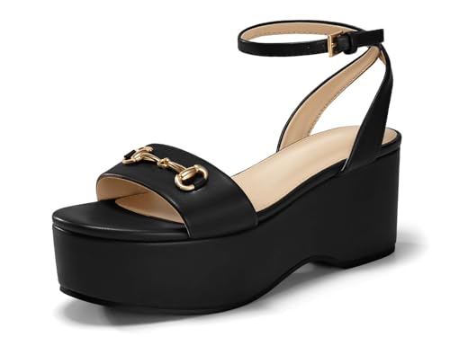 Junayuan Womens Platform Sandals Chunky Wedges Heels Open Toe Ankle Strap Summer Dress Shoes with Metal Buckle, Black, Size 8.5