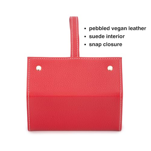Image of Brouk & Co Leah 5 Eyewear & Jewelry Case - Pebbled Vegan Leather, Foldable Case, Snap Closure, Hanging Loop, Interior Mirror, 5 Compartments: Sunglasses and Jewelry (Red)