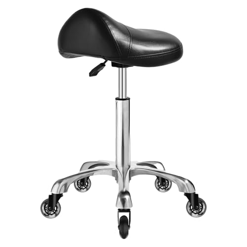 Image of Saddle Stool Chair with Wheels, Ergonomic Thicker Saddle Seat Design for Healthy Sitting Posture, PU Leather, Rolling Saddle Stool with Silent Rubber Wheels Adjustable for Salon Massage Home, Black