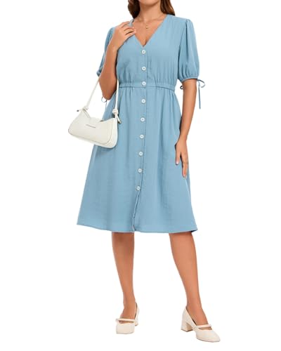 Image of Women Linen Rayon Blend Midi V Neck Button Front Elastic Waist Puff Sleeve Tie Casual Summer Dress