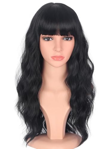 Image of Black Wavy Wigs with Bangs for Women Glueless Black wigs Synthetic Long Black Wigs Natural Looking Heat Resistant for Daily Party look