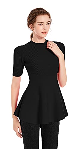 V28 Women’S Short Sleeves All Seasons Knit Ribbed Fitted Flared Top Blouse thumb #2