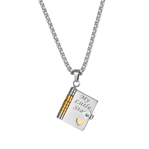 Flongo Tochter Halskette Silber Gold: Aufklappbares Buch Anhänger Mein Kleiner Stern - 6 Seiten Geschenk von Mama Papa - Edelstahl Kette 60cm - Geburtstag Abschluss Konfirmation Schmuck