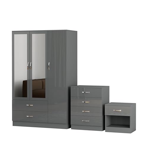Nera 3 Door Wardrobe Set 3 Piece with Mirror Chest of Drawers Bedside Table for Bedroom Storage (High Gloss Grey Door(Matt Grey Carcass))