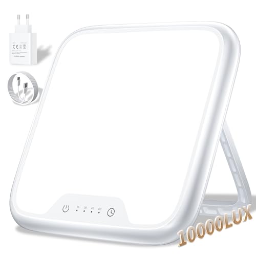 AJVV Tageslichtlampe, 10000 Lux Lichttherapielampe für Depressionen, Sonnenlicht Lampe mit Stufenlose Helligkeit, 4 Timer Einstellung, Memory Funktion, LED-Technologie Sunlight Lamp für Gute Laune