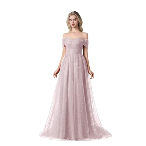 Sparkly Tulle Prom Dresses for Women Long Off Shoulder A-Line Formal Evening Party Gowns Masquerade Dresses