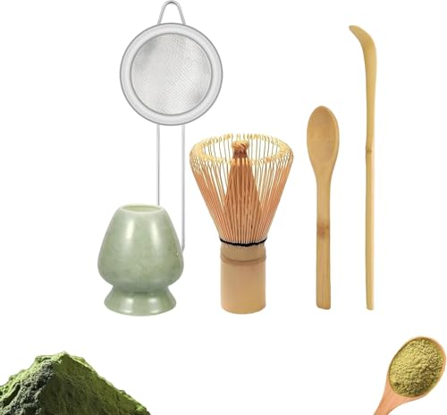 Bamboo Matcha Whisk Set -Matcha Whisk (Chasen),Whisk Holder(Green),Sifter,Tea Scoop and Tea Spoon