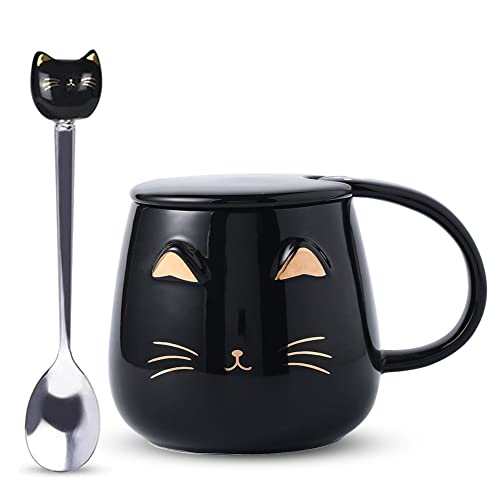 CEWROM Keramik Kaffeetasse, 400ml Teetasse, Katzen-Tasse mit Deckel und Edelstahl Löffel, Süße Kitty mit 3D Tier, für Tee, Milch, Büro zum Geburtstag Jubiläum Geschenke Bürotasse(Rosa & Schwarz) Cover