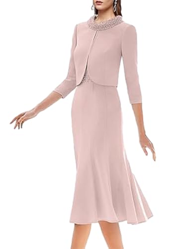 Two Piece Elegant Mother of The Bride Dress Knee Length Jewel Neck 3/4 Length Sleeve Wedding Guest Dress Beading 2025