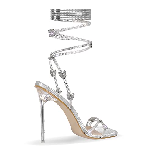 onlymaker Butterfly Rhinestone Lace Up Stiletto Sandals #TOP20