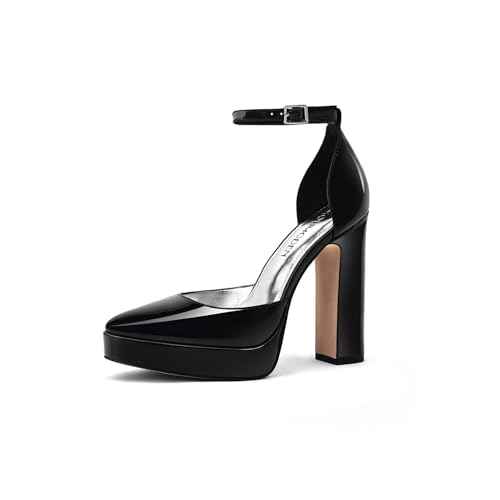 Image of Women's Platform Chunky Heel Pumps - Closed Toe Ankle Strap Block Heeled Dress Shoes for Wedding Party & Daily Comfort