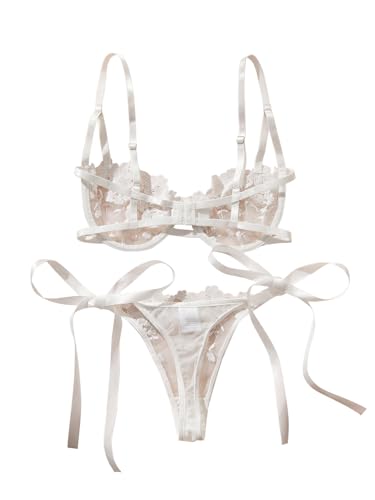 Image of Lilosy Sexy Tie Side Cute Underwire Push Up Strappy Embroidered Mesh Sheer Lingerie Set