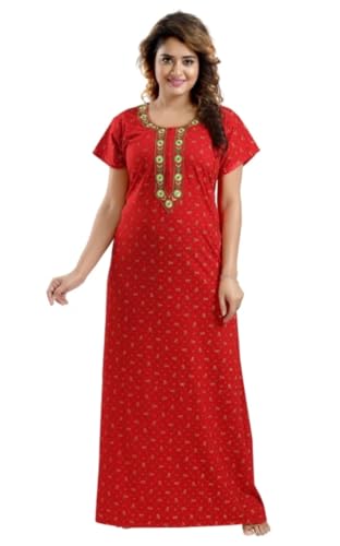Image of Onekbhalo Women's- Full Sleeves-Feeding- Nursing- Maternity Nighty /Maxi /Gown /Nightdress /Nightwear- Hosiery Cotton Fabric- Floral Print- Embroidery with Zip