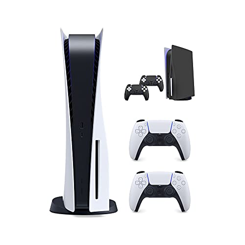 PS5_by_Playstation 2021 Console AMD Ryzen Zen 8 Cores CPU 825 SSD Disc Drive Version with DS Wireless Controllers and Mytrix Black Full Body Skins for PS-5 Disc Version Console and Two Controllers