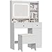 Hogxp Vanity Table with Hidden Storage & LED Mirror - Includes Padded Stool, 5 Compartments, 2 Drawers & 1 Storage Cabinet - Ideal Bedroom Makeup Dressing Table White