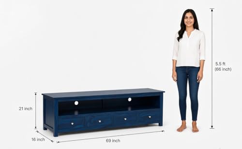 Image of Sheesham Solid Wood TV Cabinet for Living Room | Handcrafted Wooden TV Unit with Storage | Elegant Entertainment Stand for Modern Homes (4 Drawer Tv Cabinet, Blue)