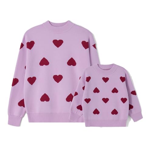 Image of Mommy and Me Matching Sweaters Outfits Heart Graphic Sweater Family Matching Clothes Long Sleeve Pullover Tops